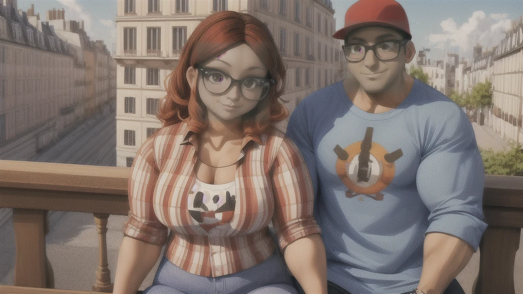 (masterpiece, best quality:1.2), a very muscular and athletic couple , boy Nino Lahiffe: Brown skin, dark hair, wearing a red cap, glasses, and casual clothing like a T-shirt and jeans, and a girl Alya Césaire: Brown skin, curly dark brown hair, often wears glasses, and typically seen in stylish, casual outfits. A casual day out with both characters in their everyday attire,Sharing a tender moment, like sitting on a rooftop overlooking Paris..(girl and boy:1), smiling, ((high resolution illustration)), ((extremely detailed)) Alya and Nino, muscular detailed bodies, powerful and dynamic poses, intimate embrace, romantic lovers, expressive faces with beautiful eyes, lips and skin, dramatic lighting, cinematic composition, epic fantasy landscape background, warm color tones, dramatic lighting, (best quality,4k,8k,highres,masterpiece:1.2),ultra-detailed,(realistic,photorealistic,photo-realistic:1.37),dramatic lighting,dramatic cinematic composition,fantasy landscape