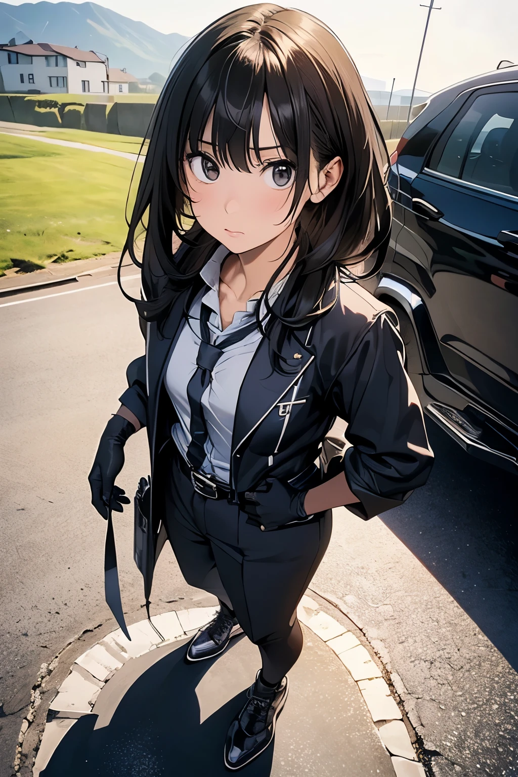 high quality, masterpiece, Ultra-high resolution, (realism: 1.4), Oil painting style, Cinema Lighting, An endless grassland dotted with a few houses, I stood on the empty asphalt road and looked at it., Fairy Mountain々was shrouded in mist, And the suspenders with the cranes flying　　　Moderate breasts　 　 　　　　Small face　 　　　holster　　　　　　　 Lying in bed　Looking up　　　　Sweat 　　　belt　summer　脇Sweat 　Black Hole Gloves　suit　shirt　　Black jacket　 Black trousers　Leg Links　ズボンにbelt　　holster　 　　Hands behind your back　 Anxious expression　Looking up　Anxious face