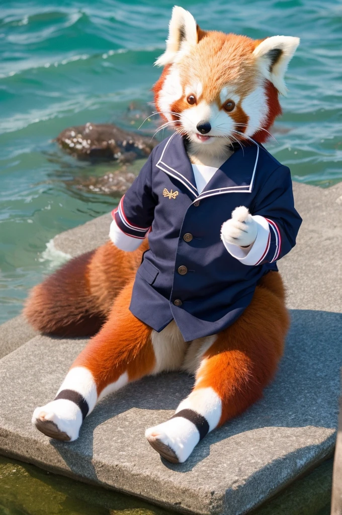 Male Red Panda，Ocean，Appearing in a sailor uniform！One person estrus period，sit，