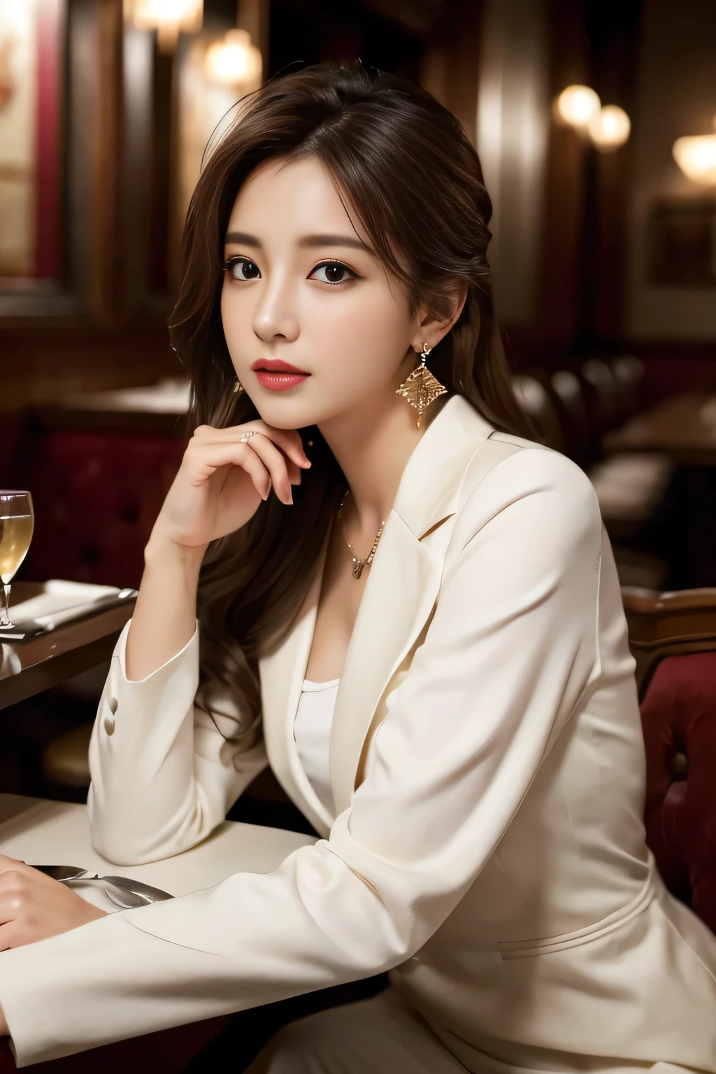 masterpiece, Highest quality, Realistic, Very detailed, Finer details, High resolution, 8k wallpaper, One beautiful woman, Wear a nice suit, Local restaurant, At night, Light brown messy hair, Perfect dynamic composition, Beautiful and beautiful eyes、Big earrings、Sit on a chair、