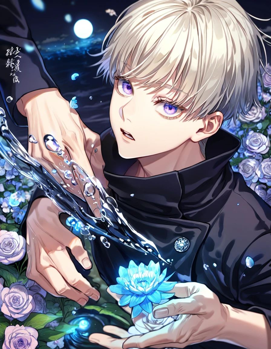 absurdres, highres, ultra detailed, HDR, master piece, Inumaki Toge, platinum-blond hair, expressive purple eyes, black shirt, Jujutsu Kaisen, man, handsome, best quality, blue moon, flowers, fantasy, magical, solo, water, blue shining fireflies, blue petals, Jujutsu Kaisen uniform