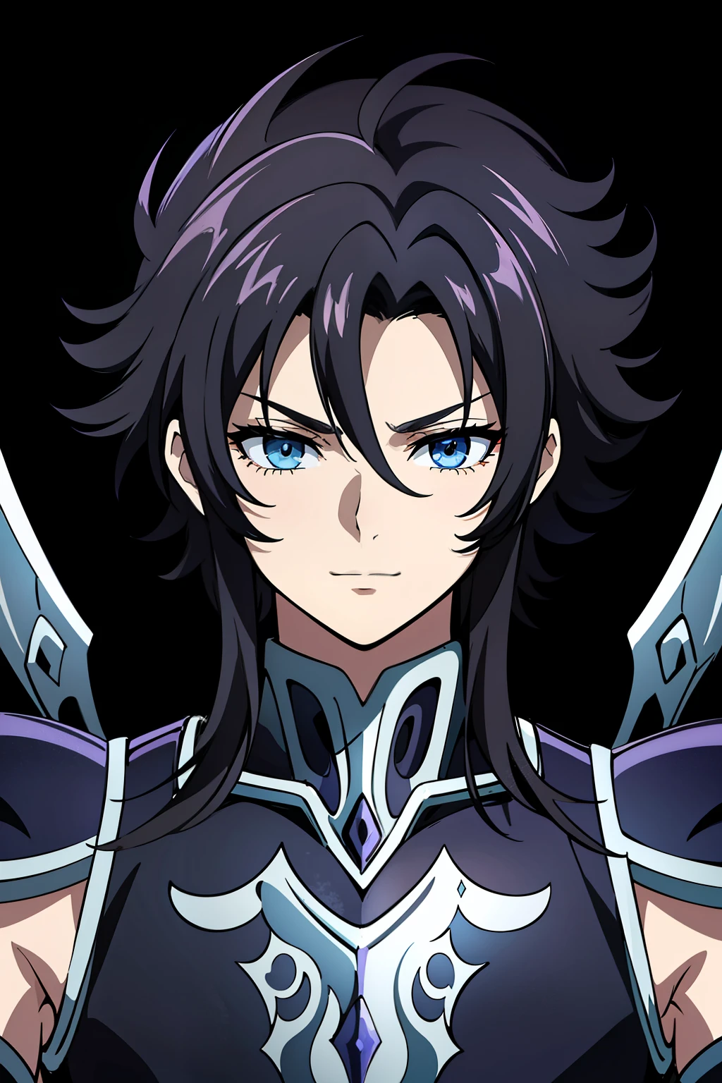 (high-quality, breathtaking),(expressive eyes, perfect face) portrait, Symmetrical Eyes, 1boy, male, solo, adult, black hair, blue coloured eyes, short hair, short hair length, stylized hair, loose hair, spiked hair, spiky hair, looking at viewer, portrait, black background, narrow eyes, soft eerie blue lighting backround, rock terrain background, Hades Armor, Hypnos Saint Seiya Armor, Thanatos Saint Seiya Armor, Hypnos Saint Seiya Armor, Dark Purple Armor, trim, full plate, red trim, masculine face, cute smile, facing at viewer, looking at viewer,
