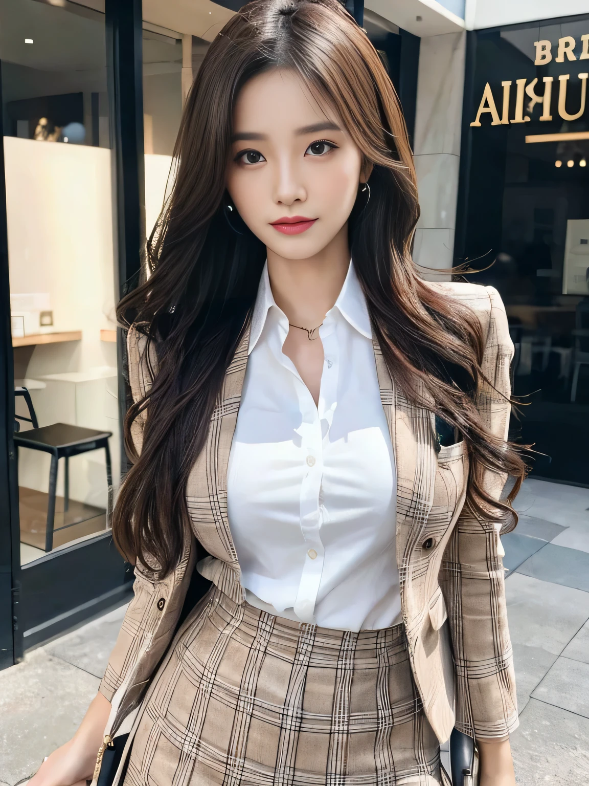 Tabletop, Highest quality, Realistic, Super detailed, In detail, High resolution, 8k wallpaper, One beautiful woman, 28 years old, Light brown messy hair, Wearing a chic checked business suit and skirt, Sharp focus, Perfect dynamic composition, Beautiful attention to detail, Fine hair, Detailed and realistic skin texture, smile, Close-up portrait, Model Body Type, Bodies facing random directions,