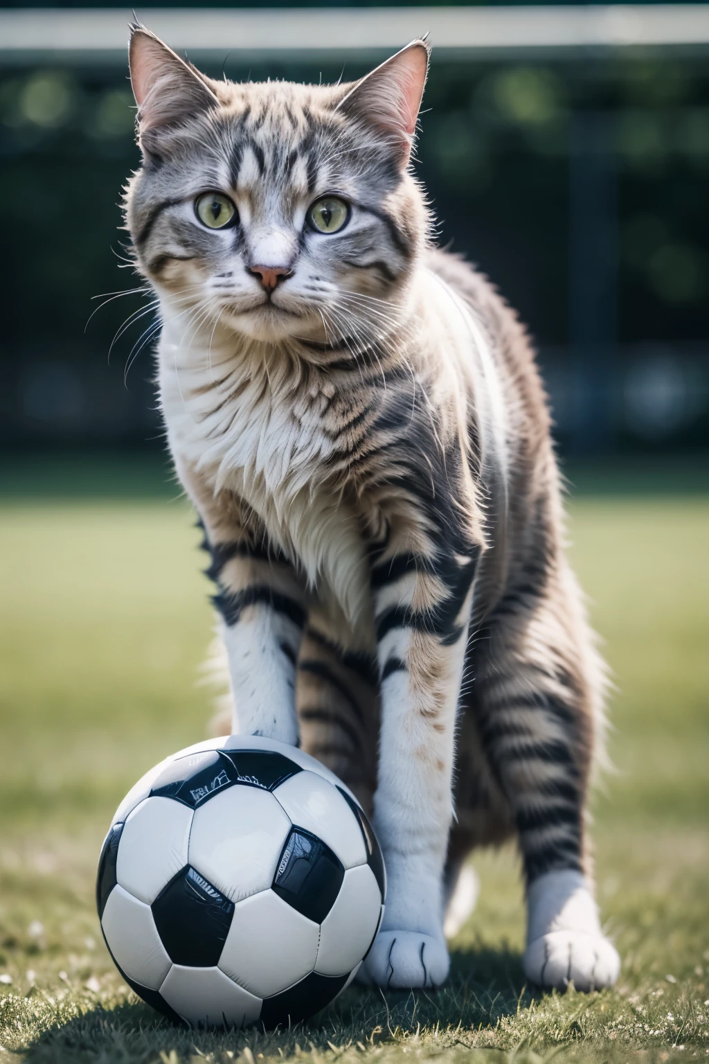 cat playing a soccer ball, blurry, depth of field, film grain, optical illusion, cowboy shot, UHD, masterpiece, anatomically correct, high details, textured skin, best quality, highres, super detail