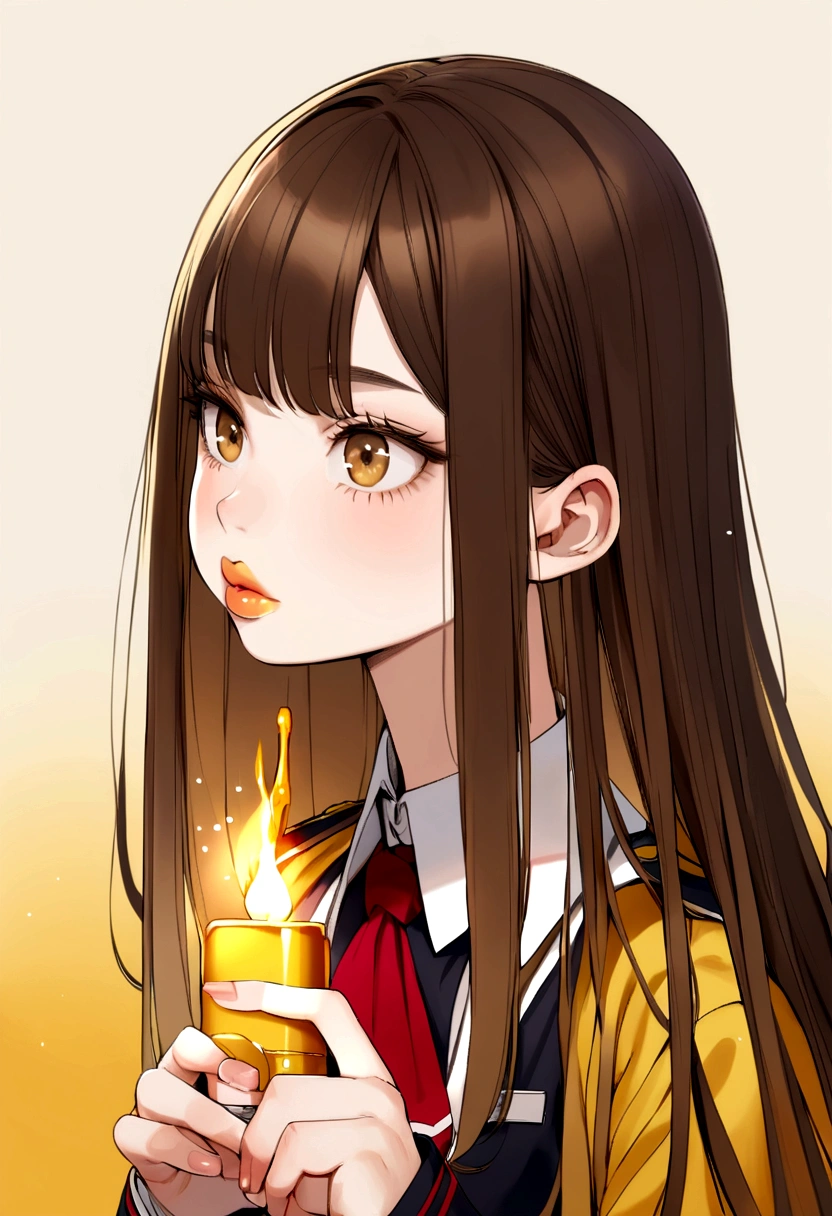 a young brunette, brown hair with lighter strands, straight hair not very long, eyes the color of honey, thick lips, with the UA uniform, of pretty little