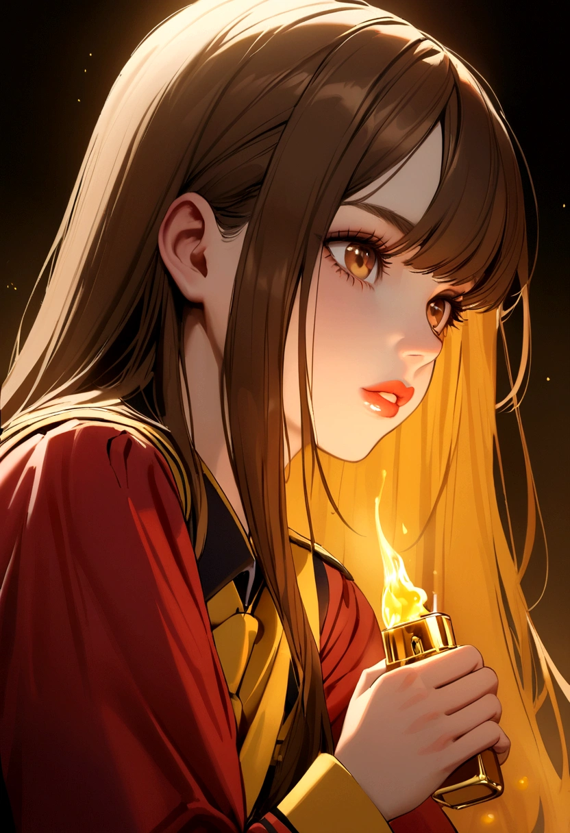 a young brunette, brown hair with lighter strands, straight hair not very long, eyes the color of honey, thick lips, with the UA uniform, of pretty little