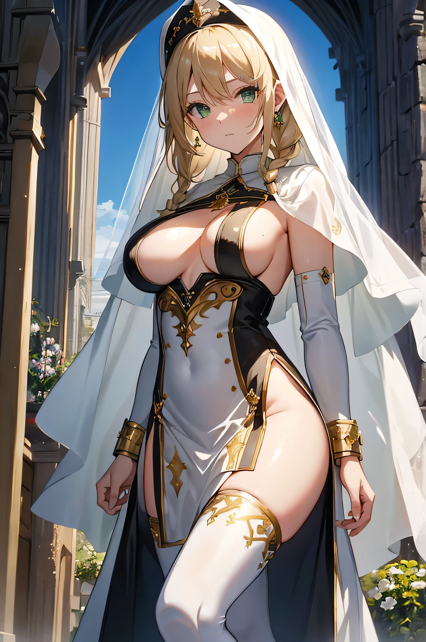4K,High resolution,One Woman,Blonde,long hair,Braid,Green Eyes,Big Breasts,Nuns,White sacred armor,Sideboob,White boots,White Veil,Black tights,Jewelry decoration,Gold decoration,Long sword,Medieval town,In front of the church,Daytime Sky