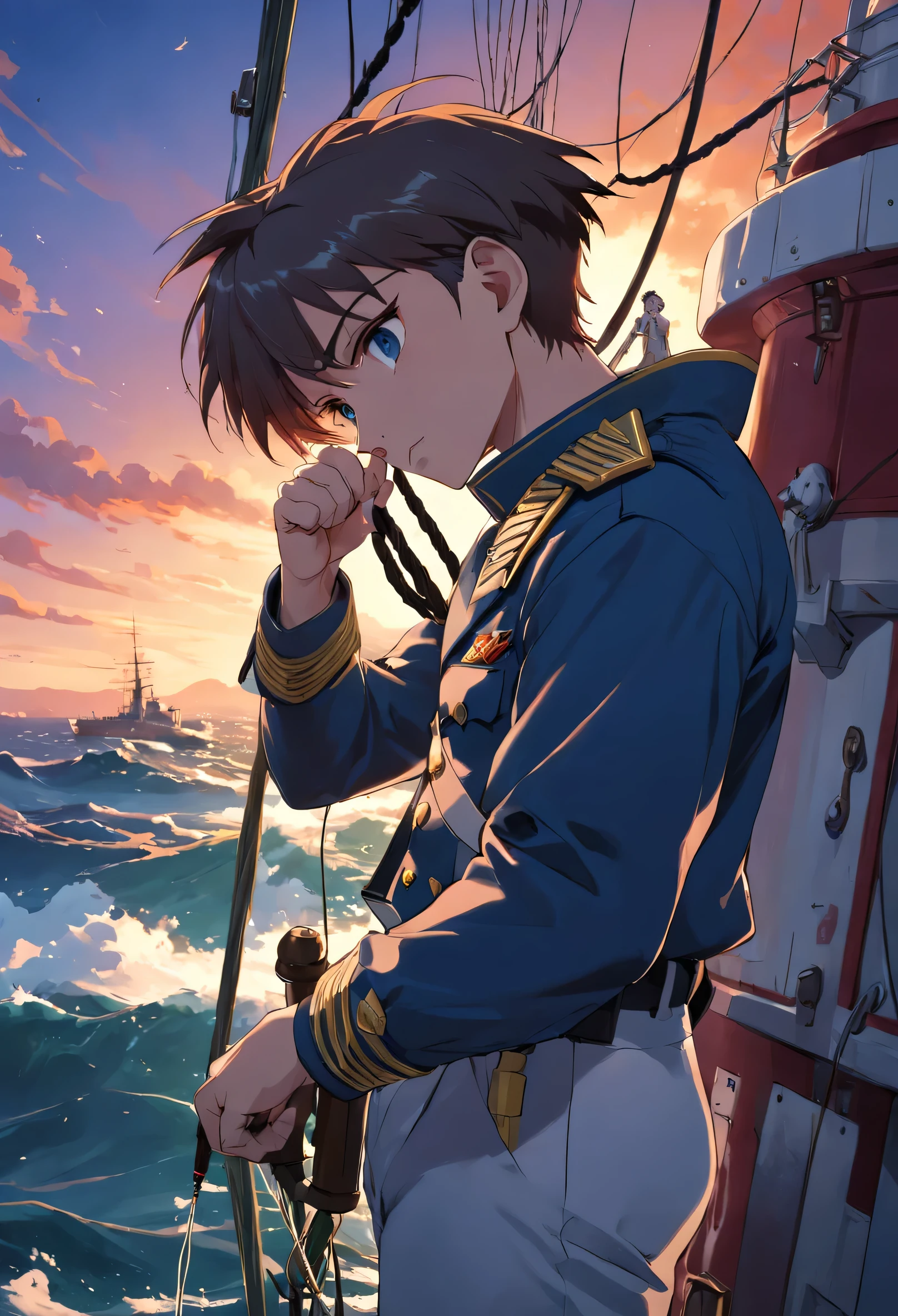 Captain hanging a fishing line at the tip of a warship
