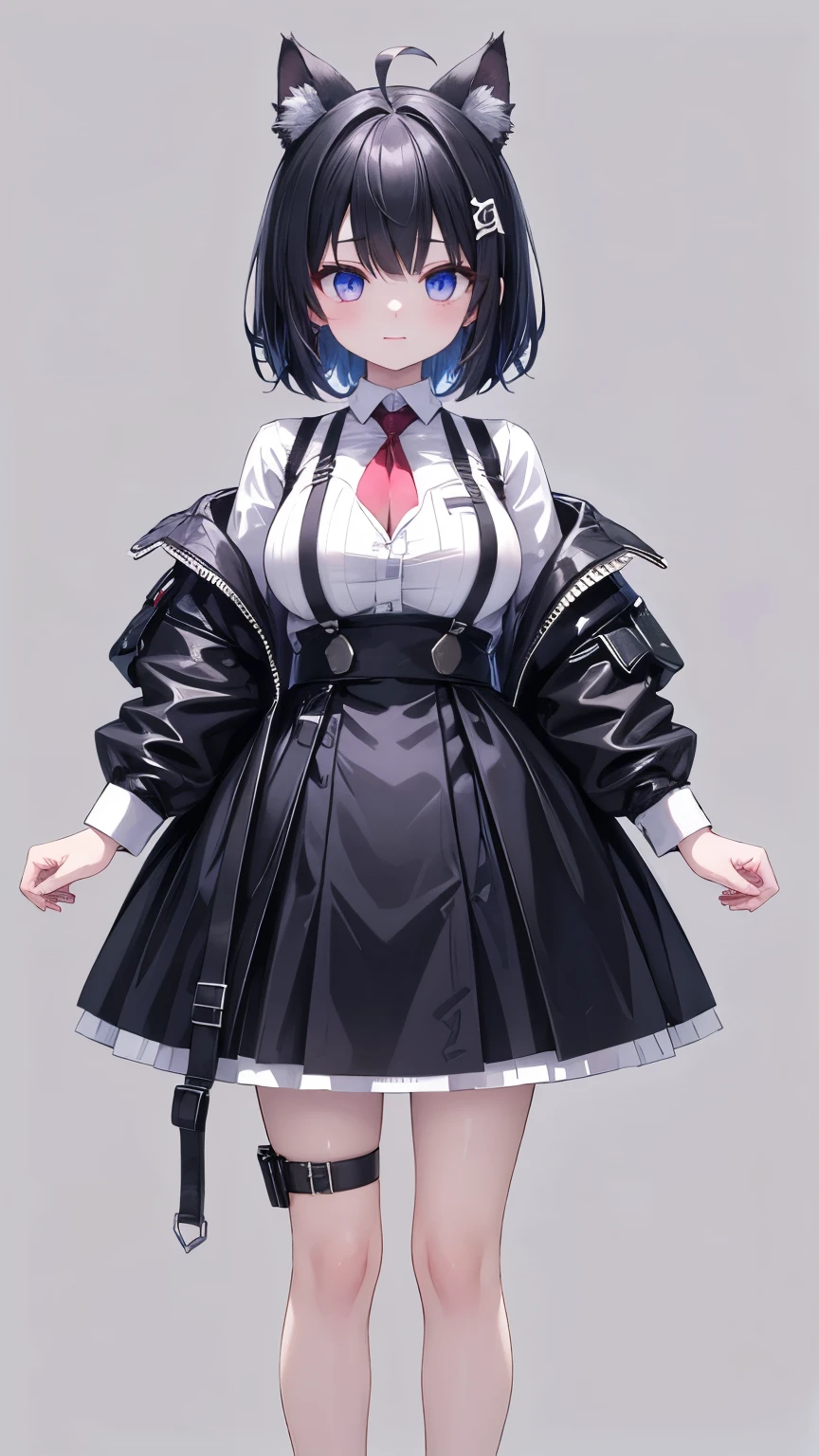 ((upright)), ((Arms at your sides)), Looking at the audience, Simple Background、White Background, 1 girl, Open your mouth, smile, Virtual YouTuber、With a girl、((Highest quality, expensive_solve, clear_image)),(Black Hair), (Black cat ears), (Ahoge), (Ridiculously short hair), (Wavy Hair),Red earring color (blue eyes),、Laughter、Very large breasts、whole body、I can see her cleavage、(wearing shoes on feet), (is wearing like the police dress shirt),((Suspender belts)),black necktie,holster,Pocket to hold a gun,((good girl)), detailed and beautiful eyes man, good looking,((an extremely delicate and beautiful)),make the eyes the same shape and color on both sides,Character Sheet,Character Reference Sheet, ((View from the front)) Symmetrical elements in clothing,