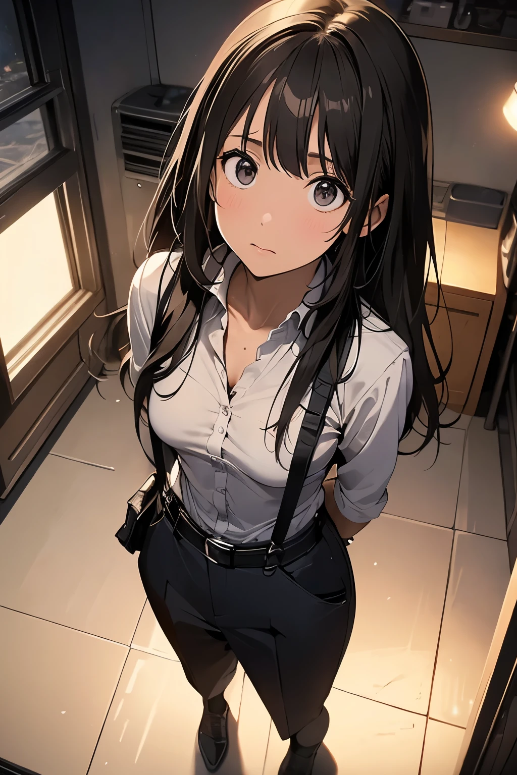 high quality, masterpiece, Ultra-high resolution, (realism: 1.4), Oil painting style, Cinema Lighting, An endless grassland dotted with a few houses, I stood on the empty asphalt road and looked at it., Fairy Mountain々was shrouded in mist, And the suspenders with the cranes flying Moderate breasts Small face holster Lying in bed Looking up Sweat belt summer 脇Sweat Black Hole Gloves suit shirt Black jacket Black trousers Leg Links ズボンにbelt holster Hands behind your back Anxious expression Looking up Anxious face