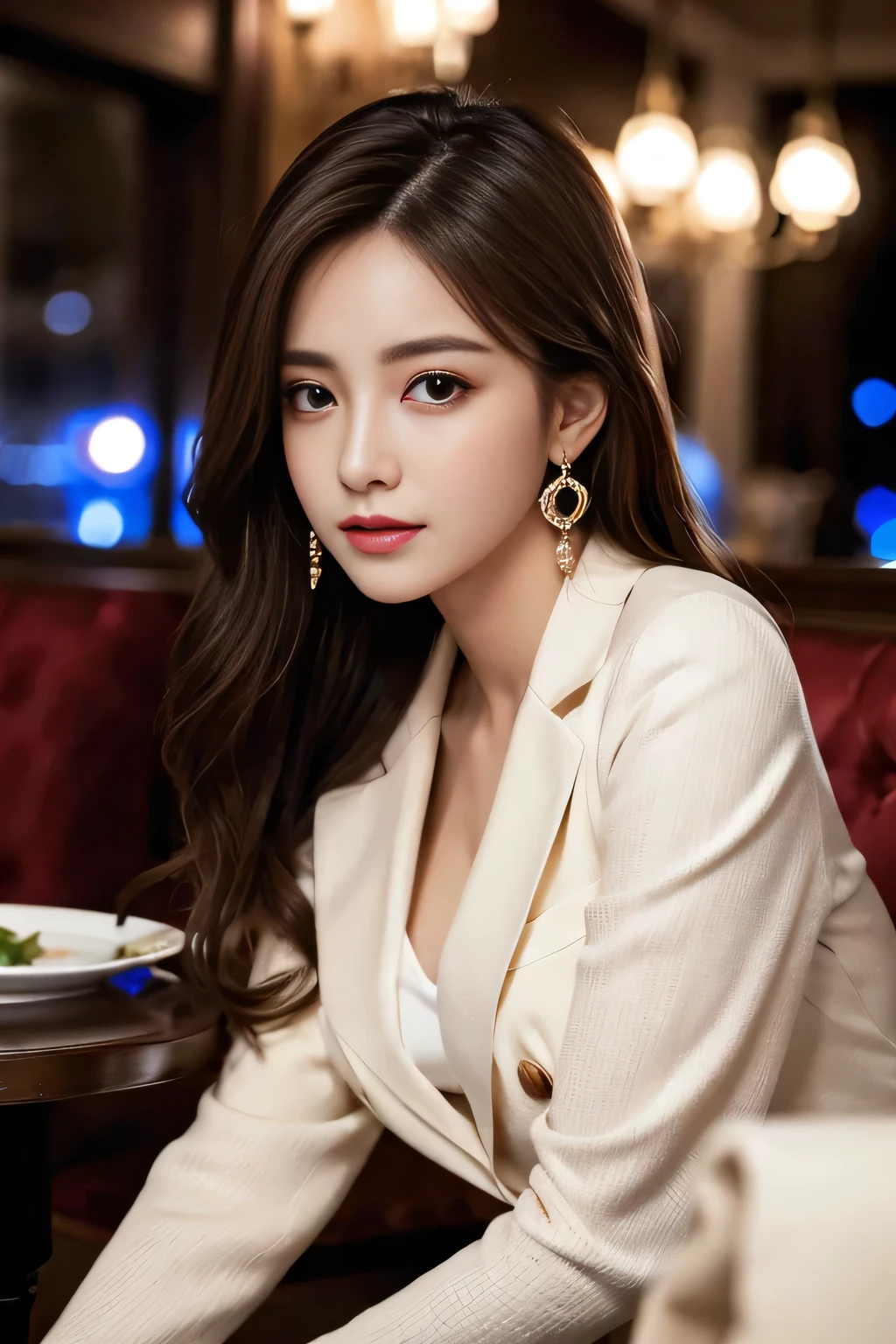 masterpiece, Highest quality, Realistic, Very detailed, Finer details, High resolution, 8k wallpaper, One beautiful woman, Wear a nice suit, Local restaurant, At night, Light brown messy hair, Perfect dynamic composition, Beautiful and beautiful eyes、Big earrings、Sit on a chair、
