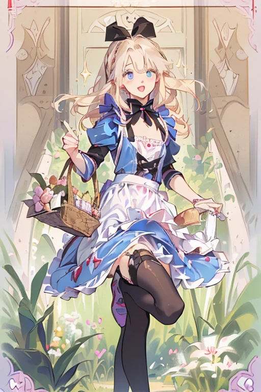 (perky chest:1.2), (pointed chest:1.2),(((Black Tunic:1.3))),(((cakes and bread in the basket),Cute and beautiful girl,Cute round face,Cute smile,with blush cheeks,Red Lip,a girl 17 years old, nsfw:1.2, beautiful body:1.3), shinny skin, BREAK, ((alice in the wonderland:1.3, cute, kawaii, lovely, funny, a girl falling down from sky:1.3, girl flying in sky:1.4, girl floating in air:1.5, rolling upskirt by wind:1.6, (with sparkling eyes and a contagious smile),open mouth, Looking at Viewer, surprised, putting hands on crotch over the skirts:1.6)), BREAK, ((floating things as follows:1.3, PlayingCards, Trump, tea cup, tea pot, tea spoons, pocket watch:1.3, lip sticks, candies:1.2, cookies, jam bottles, classical door_keys)), ((long purply_Blue dress :1.5, wearing long flaired skirt:1.3, the skirt is blowing:1.3, cute pink Apron, black stocking:1.2,garter stocking, cleavage:1.2, midriff, black shorts, black thighhighs, thigh strap, medium long platinum-blonde hair:1.2, twin tail hair:1.6, tied hair with a large ribbon), (Blue eyes, bright pupils with highlights, detailed eyes), (lying down on your back:0.7, spreading legs with rising up straight:0.7), sexy posture, fantastic colorful art, (fantasy art:1.2, wondered images:1.2), ((correct anatomy:1.5, perfect anatomy:1.3, correct hand, small foot:1.2)),