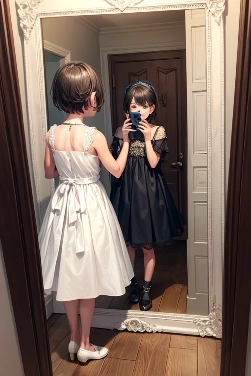 A boy taking a photo while trying on a dress