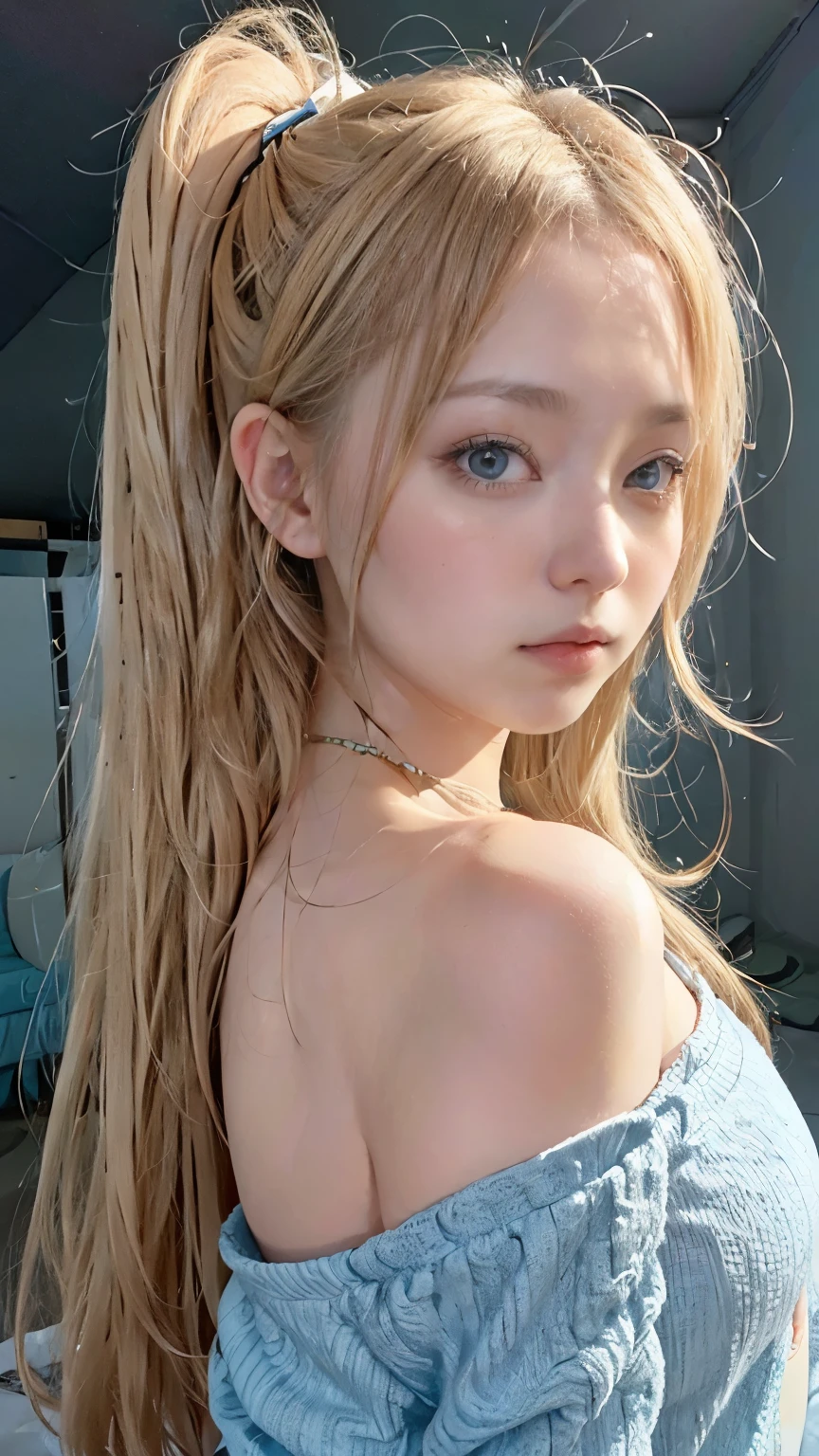 Portraiture、Bright expression、ponytail、like々Glowing White Skin、Best Looks、Blonde reflection、Blonde hair with dazzling highlights、bright and shiny hair,、Super long, Silky straight hair、Beautiful shiny bangs、Sparkling, clear, Attractive big blue eyes、A very beautiful and adorable 16 year old girl、Bust of a Rich Man、T-Shirts、Tight jeans、Cityscape of Japan、