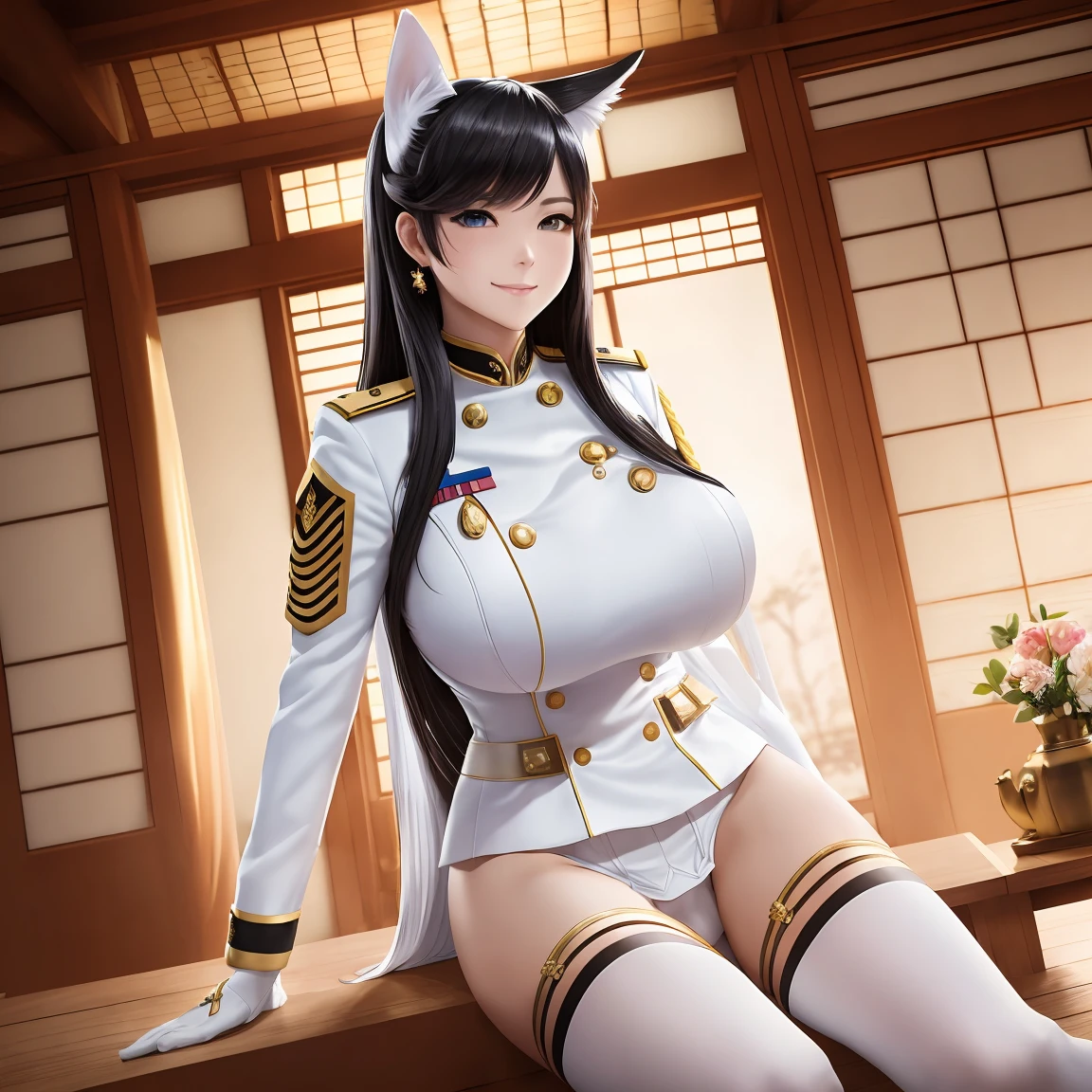 A woman wearing a white female military uniform with gold details, exposed thigh, long maroom stockings, white heels, golden medal, white gloves, ((Huge breasts)), yellow eyes, very dark black hair, long hair, long neko ears, smiling, walking on a Japanese platform, with views of traditional Japanese houses, full length, anime style, sparkle, drop shadow, bloom, UHD, masterpiece, accurate, ((anatomically correct)), textured skin, super detail, high quality, best quality, 8k, highres, (solo woman)
