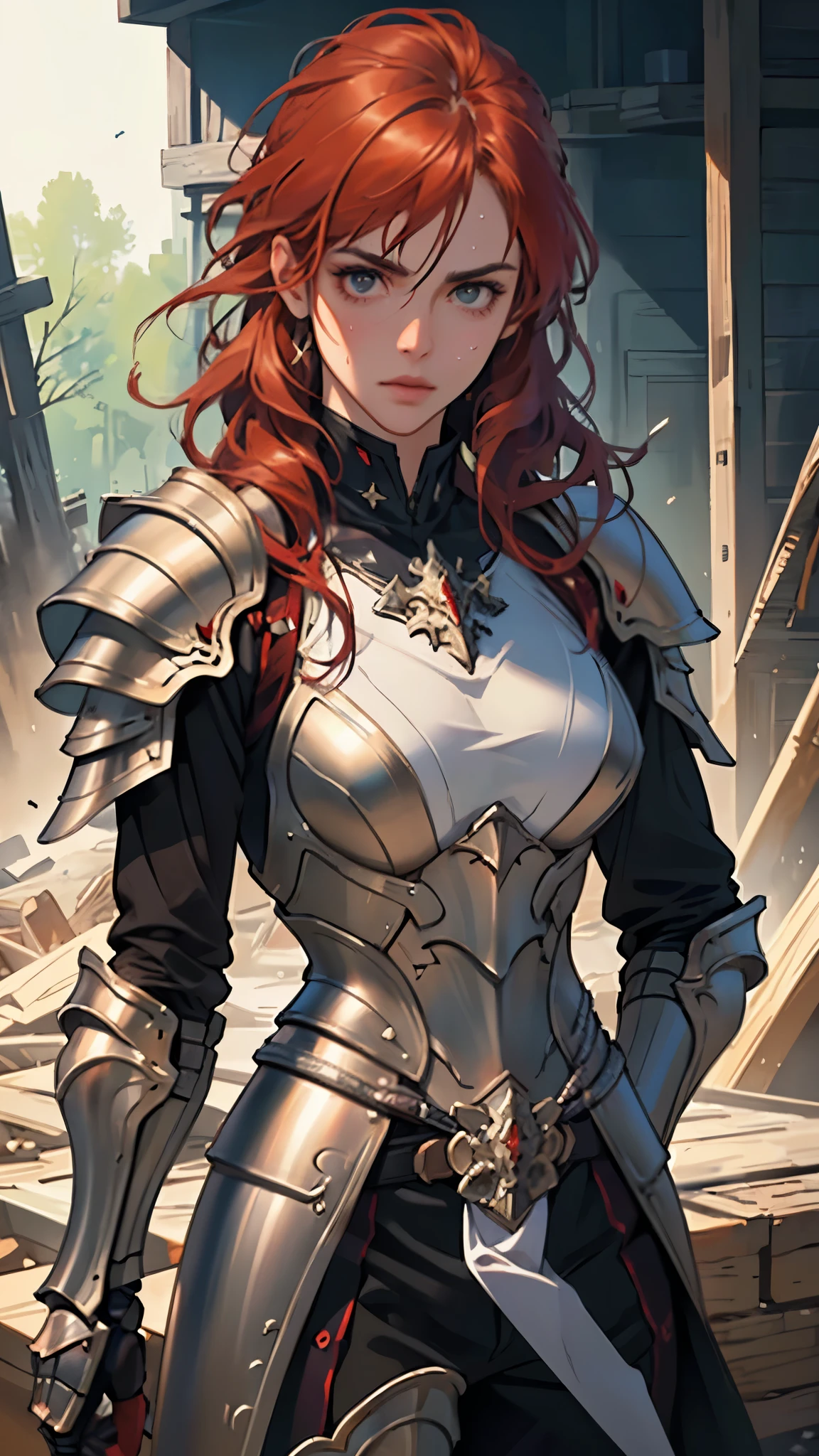 ((((masterpiece, best quality, high resolution)))), Extremely detailed 8K, 1 female, wearing a warrior type of armor, (Ultra HD, Ultra-detailed, Highly detailed, Highly realistic, Ultra-realistic, photograph realistic), (1girl:1.5), (Realistic red hair), (dynamic poses), facing at camera, looking at viewer, (a serious calm face), (regular black eyes, sharp eyes), (perky :1.2), (beautiful detailed face, beautiful detailed eyes), ((armor damaged)), (preparing for a fight), sweat, glow, (sunbeam, sunlight), ((cowboy shot)), battlefield background, seductive, EnvyBetterHands LoCon,