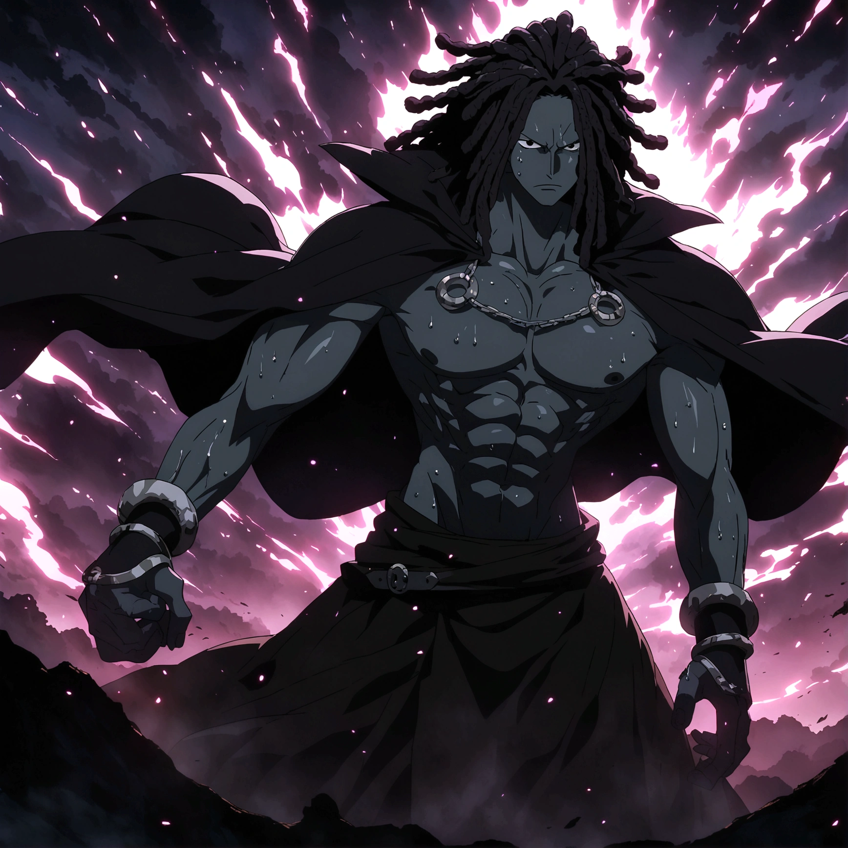 Male, black skin, muscular and defined body, purple dreadlocks, black eyes, large black cloak, serious villainous expression, "One Piece-inspired anime features, drenched in dramatic and incredible lighting, dramatic lighting, infused with creative details, ultra-fine 2D design, scenery bathed in creativity, bathed in creativity, boasting HD anime resolution clarity, HD anime graphics, high-octane rendering"