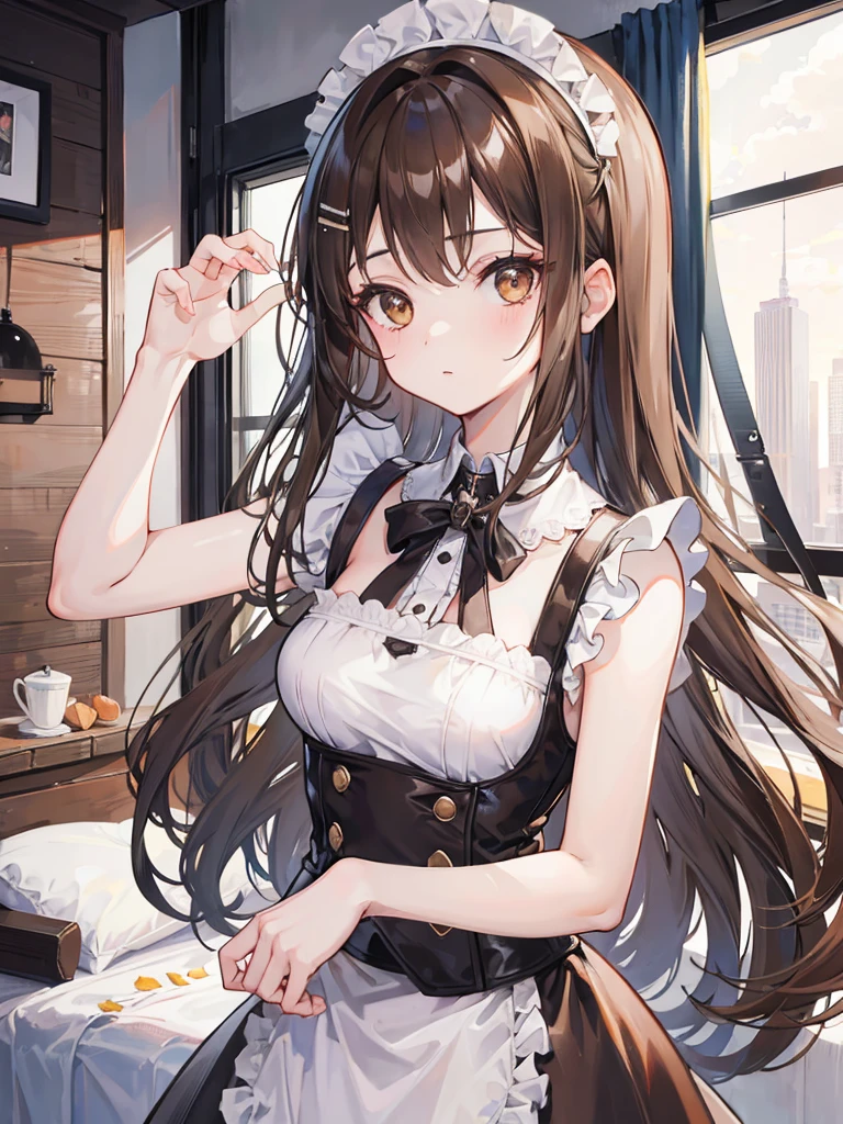 1girl, long brown hair, brown eyes, wearing maid outfit, city, absurdres, high res, ultrasharp, 8K, masterpiece, looking at viewer