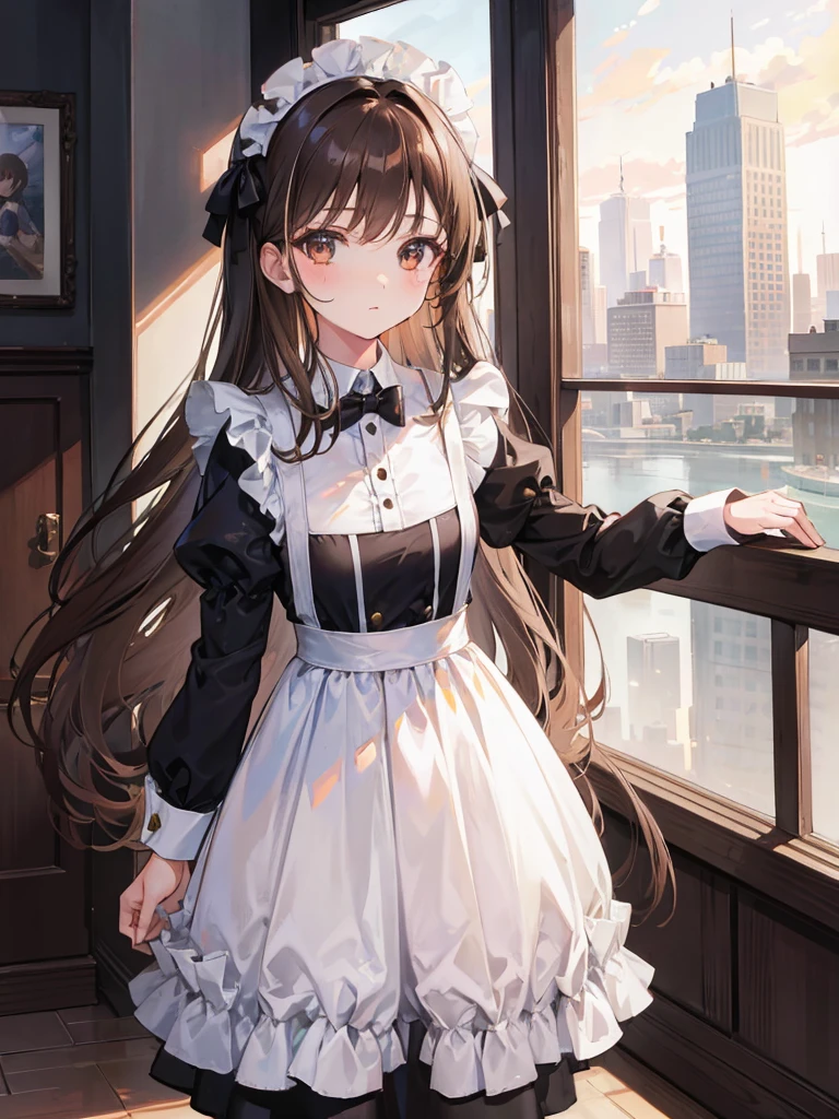 1girl, long brown hair, brown eyes, wearing maid outfit, city, absurdres, high res, ultrasharp, 8K, masterpiece, looking at viewer