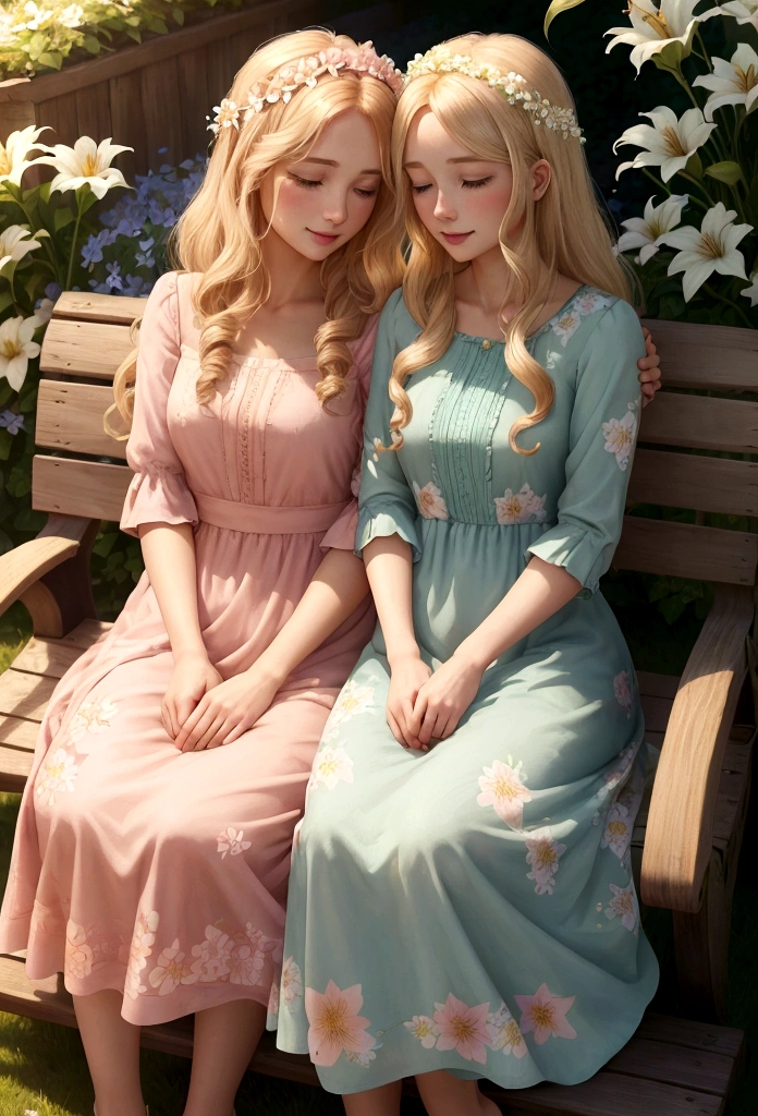 Lily's beautiful mother, Anna, joins her on the bench. Anna has long, wavy blond hair and wears a pink dress with a floral pattern. She has warm, green eyes that look lovingly at Lily, who has long blond hair, sparkling blue eyes, and wears a light blue dress adorned with small flowers. The bond between them is evident as they share a moment of quiet joy. The sun shines brightly, and the garden is in full bloom.