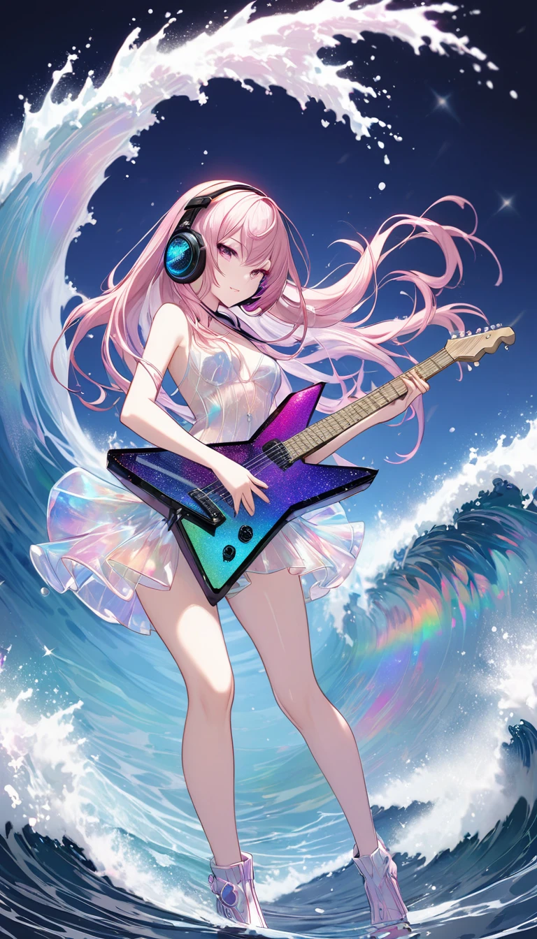 best quality, super fine, 16k, incredibly absurdres, extremely detailed, 2.5D, delicate and dynamic depiction, Megurine Luka, Vocaloid character, beautiful and cool, (playing transparent, translucent, iridescent glitter, star-shaped deformed guitar), cool and stylish headphones, attractive and seductive expression, glamorous slender body, very beautiful effects, background walking on the sea, breaking sea, big wave effect