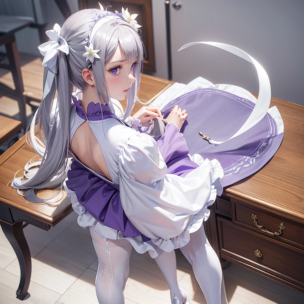 re:zero, emilia, gray hair, hair flower, masterpiece, amazing, 8k, detailed, 1girl, (from behind), purple eyes, ((white tights)), ((leans)), ((bents over desk)), (from above), ((tights)), ((heels)), standing