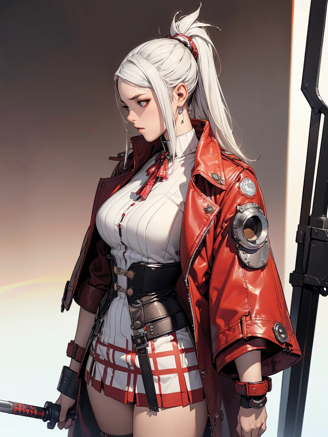 (((Woman))), (((best qualityer))), (((​masterpiece))), (((grown-up))), (((1 girl))), (((cyber punk/dieselpunk/Steampunk))), ((( White hair ))), (((plaid pattern))), (((samurai army))), (((tied hair))), (((texturas))), (((ink spatter))), (((grain))), Uma modelo cyber punk Woman de 18 anos com corpo perfeito, clean  face, ((( red jacket with red and white checkered sleeves ))), Black micro skirt showing tiny turquoise leather panties, fitted jacket with intricate textures, almost naked in Simon Bisley&#39;s wild urban style for the cover of Heavy Metal magazine, Spectacular colorful graphics, Minimal clothing, red futuristic jacket with checkered sleeves, (((from the knee up))), ((( colourful hair ))), Ao fundo, a wall painted with an intricate design, (((self-contrast of the character with the background))), Two-tone lighting, film grain