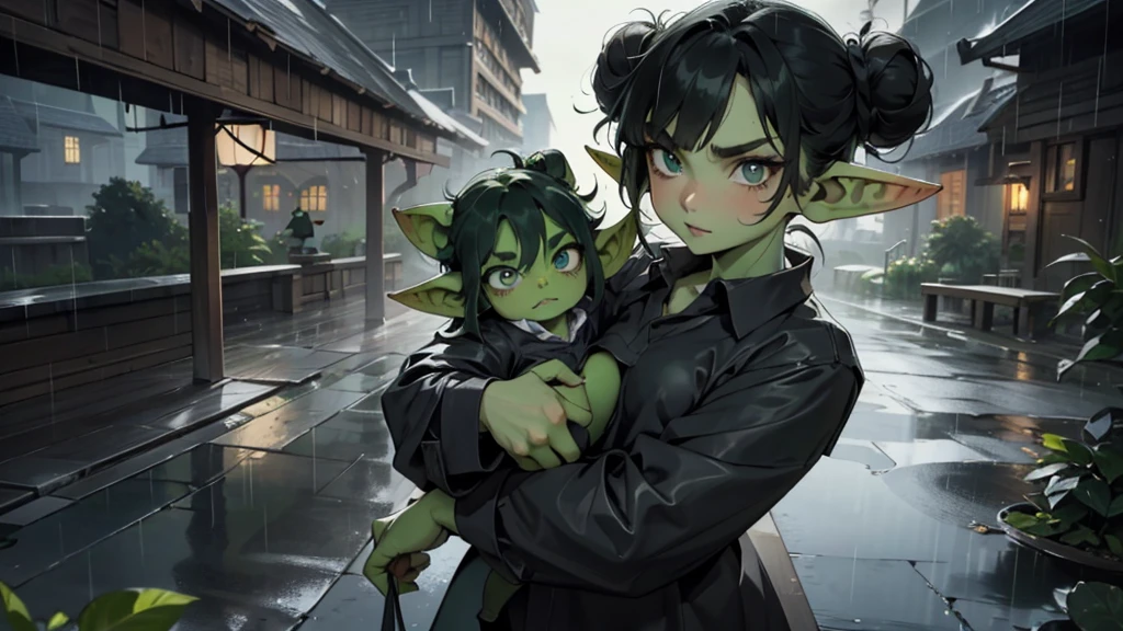 Best god quality, detailed, perfect anatomy, little goblin girl, goblin in big shirt, she is wearing an oversized shirt, raining, it's raining hard, night, house, pointy ears, long ears, green skin, she has black hair, cute, big green eyes, looking at camera, black hair buns, black hair, looking at viewer, cute, adorable, solo, emerald eyes, only wearing shirt shirt, single large shirt, socks, black hair, cute goblin, goblin girl, female goblin, mischievous look, excited expression, smug, (((SOLO))), (girl in middle standing)