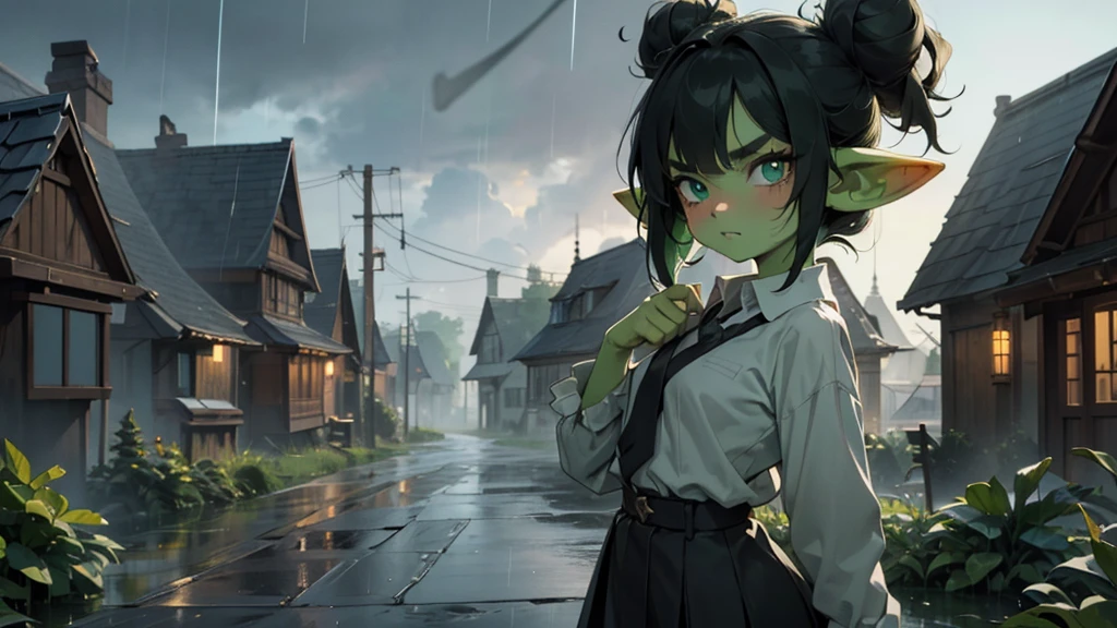 Best god quality, detailed, perfect anatomy, little goblin girl, goblin in big shirt, she is wearing an oversized shirt, raining, it's raining hard, night, house, pointy ears, long ears, green skin, she has black hair, cute, big green eyes, looking at camera, black hair buns, black hair, looking at viewer, cute, adorable, solo, emerald eyes, only wearing shirt shirt, single large shirt, socks, black hair, cute goblin, goblin girl, female goblin, mischievous look, excited expression, smug, (((SOLO))), (girl in middle standing)