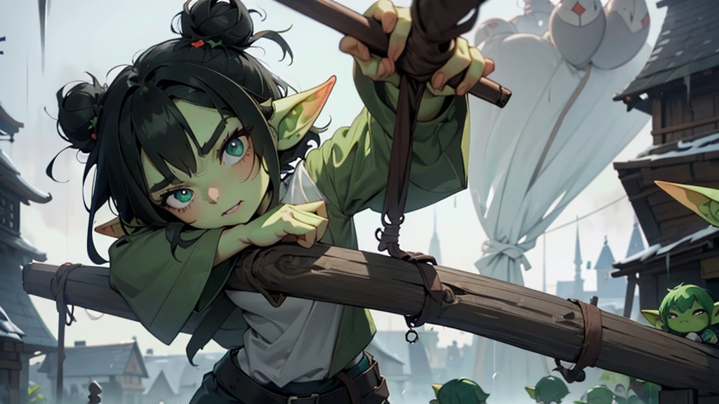 Best god quality, detailed, perfect anatomy, little goblin girl, goblin in big shirt, she is wearing an oversized shirt, raining, it's raining hard, night, house, pointy ears, long ears, green skin, she has black hair, cute, big green eyes, looking at camera, black hair buns, black hair, looking at viewer, cute, adorable, solo, emerald eyes, only wearing shirt shirt, single large shirt, socks, black hair, cute goblin, goblin girl, female goblin, mischievous look, excited expression, smug, (((SOLO))), (girl in middle standing)