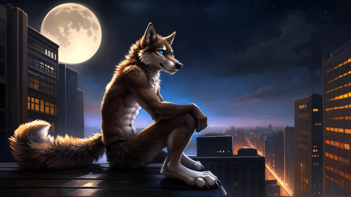 ((Solo)), male people, anthro wolf, (Multi-colored fur, White-brown:1.3), ((Wolf face, Big eyes, White eyelids, Blue pupil, Slim:1.2) (Tough, Calm expression:1.2)), (Height 2.1 meters,Tail length 1.5m), Abs, Slim, pinging, (Correct anatomy), (Contour bone:1.2), The upper body is naked, (detailed outfits), a long large tail，Feet，(Realistic fur, Detailed fur texture, labeled:1.3)), (Natural lighting), Photorealistic, Hyperrealistic, ultradetailed, by Kenket，In the modern city，Roof，the night，Sit alone，Look at the full moon，It was dark，Starry