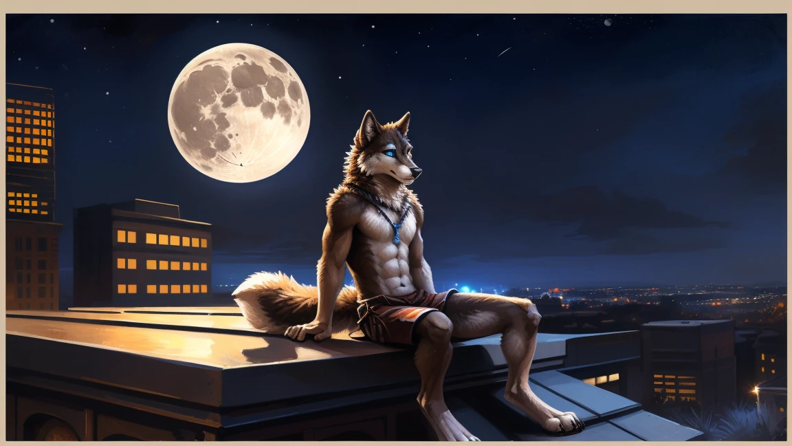 ((Solo)), male people, anthro wolf, (Multi-colored fur, White-brown:1.3), ((Wolf face, Big eyes, White eyelids, Blue pupil, Slim:1.2) (Tough, Calm expression:1.2)), (Height 2.1 meters,Tail length 1.5m), Abs, Slim, pinging, (Correct anatomy), (Contour bone:1.2), The upper body is naked, (detailed outfits), a long large tail,Feet,(Realistic fur, Detailed fur texture, labeled:1.3)), (Natural lighting), Photorealistic, Hyperrealistic, ultradetailed, by Kenket,In the modern city,Roof,the night,Sit alone,Look at the full moon,It was dark,Starry