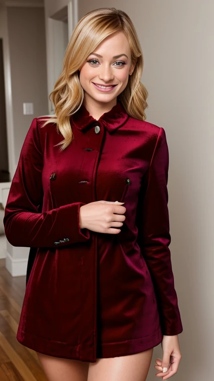 Beth Behrs dressed in velvet clothing with a smile