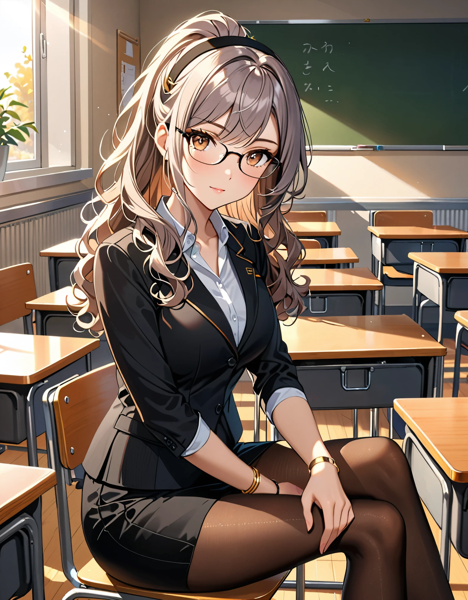 masterpiece, best quality, 1girl, grey hair, ponytail, shoulder length hair, wavy hair, black hairband, auburn eyes, beautiful detailed eyes, beautiful detailed face, cute face, stoic, professional, teacher, black suit, glasses, black skirt, pencil skirt, miniskirt, full pantyhose, gold bracelets, shoes, classroom, warm lighting. 