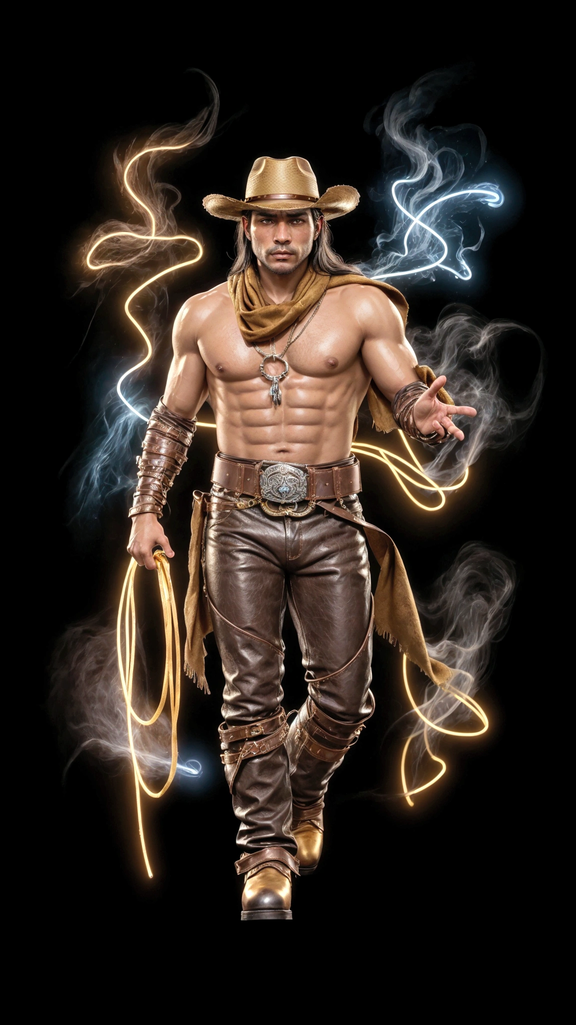 Create a high resolution, cinematic quality image with black background and smoky gold lights like neon, dark blue, and silver. The central figure is a robust cowboy with indigenous Brazilian features and tan to reddish skin., standing and looking directly at the viewer. He is shown full body, wearing a long-sleeved brown shirt, brown leather pants, brown boots with spurs, a wide-brimmed brown hat, a golden scarf, and a wide belt with a large golden buckle. He holds a golden ribbon in his right hand, which is extended forward towards the camera.