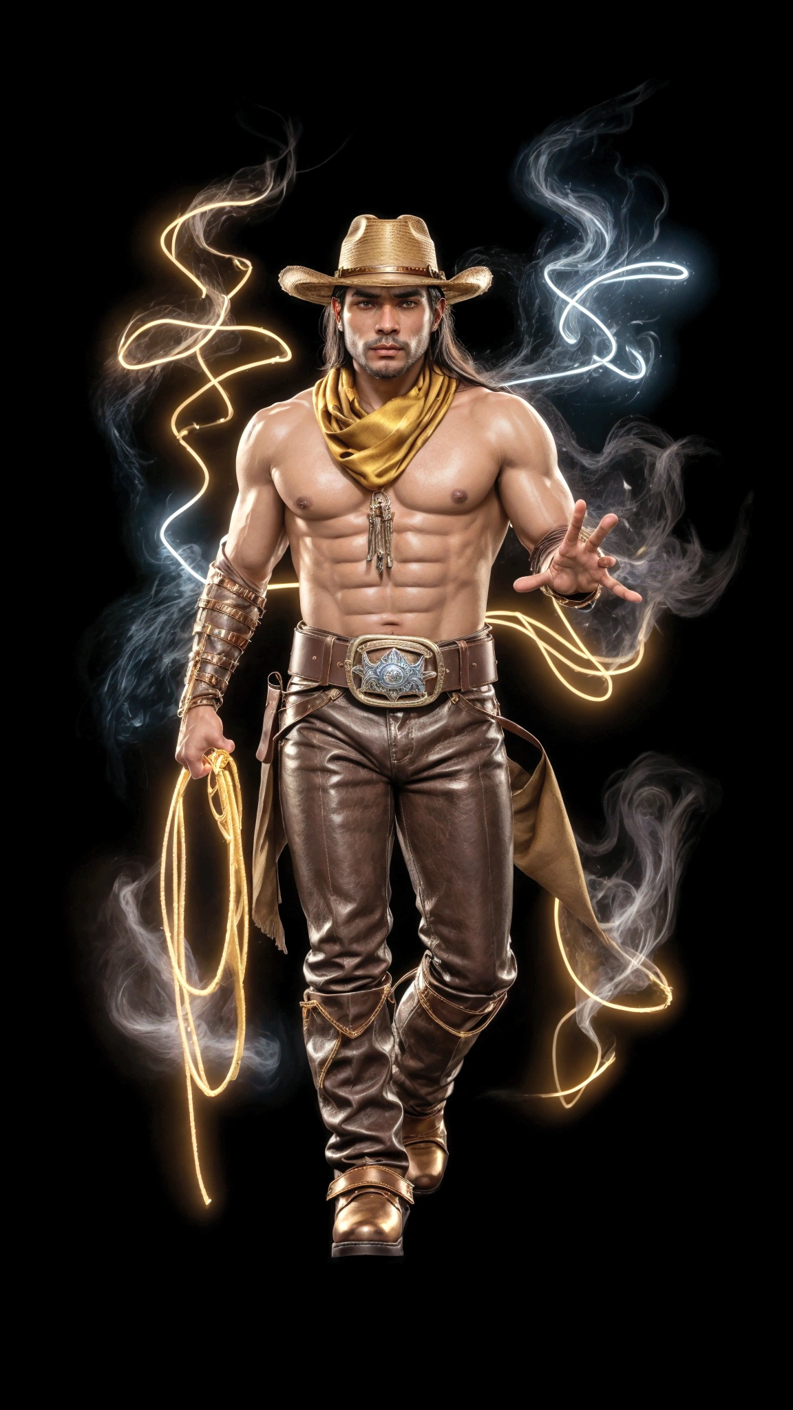 Create a high resolution, cinematic quality image with black background and smoky gold lights like neon, dark blue, and silver. The central figure is a robust cowboy with indigenous Brazilian features and tan to reddish skin., standing and looking directly at the viewer. He is shown full body, wearing a long-sleeved brown shirt, brown leather pants, brown boots with spurs, a wide-brimmed brown hat, a golden scarf, and a wide belt with a large golden buckle. He holds a golden ribbon in his right hand, which is extended forward towards the camera.