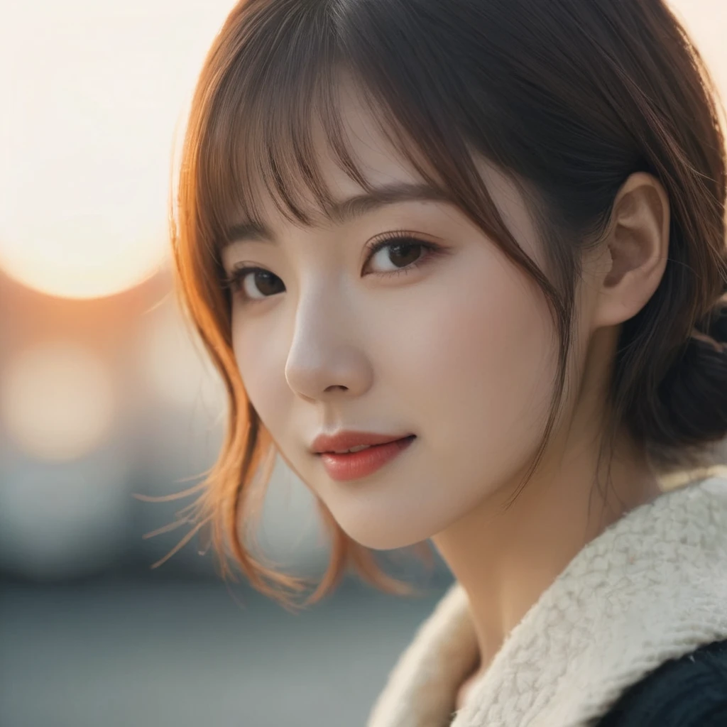 Closed lips, Cute Smile, moviephotograph (art:Matthias Goeritz:0.9) , photograph, From the side, The most beautiful British-Japanese women, Random representation,The Sunset Sun, cloud, Tilt Shift, H, Mirror reflection illumination, movie grain, Samsung Galaxy, debt/5, (movieの静止画:1.2), 35mm photograph, movie, Bokeh, Professional, 4K, Very detailed ,1 Girl,The middle of a journey,Yuzu, perfection, refer to, ,Very realistic White shirt