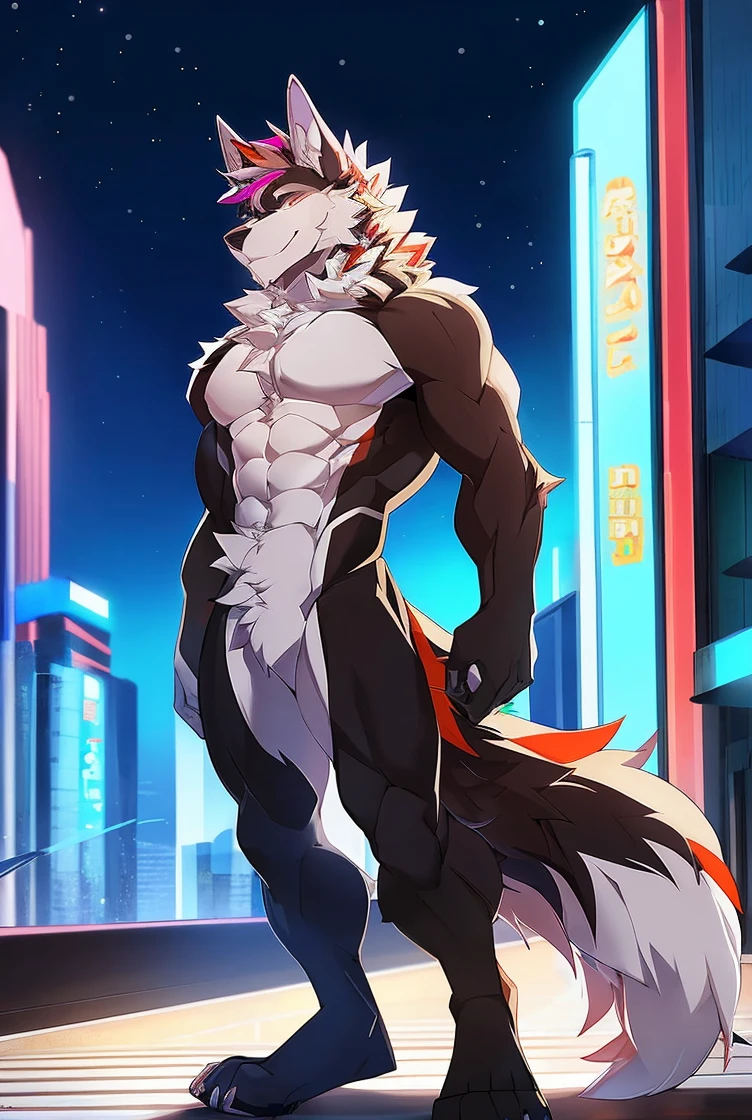 ((Solo)), male people, anthro wolf, (Multi-colored fur, White tail pointed), (Height 3meters,Tail length 2meters), Abs, pinginuscular, A long big tail, by patto, modern city