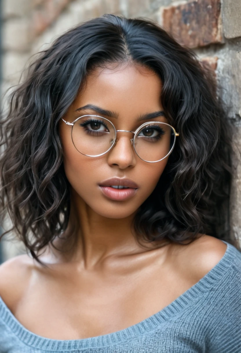 dynamic close-up of the upper part of 1 French woman, black, extremely slim and beautiful, perfect body, (well-shaped and delicate face with (piercing gaze)), black skin with highly detailed depth, she is leaning against a brick wall, ( long hair, slightly messy and shiny wavy brown hair, hair over the eyes), (detailed, large, bright eyes, light brown eyes, curled eyelashes, large glasses), (sensual pouting with mouth), wearing a short sweater showing shoulders, (she is shining with sweat), ultra realistic image, Perfect Symmetry, vibrant and sharp, dynamic vision, high quality, hyper-realistic and cinematic 32k.