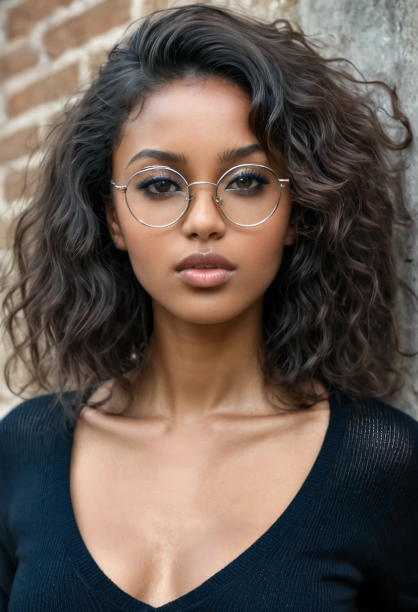 dynamic close-up of the upper part of 1 French woman, black, extremely slim and beautiful, perfect body, (well-shaped and delicate face with (piercing gaze)), black skin with highly detailed depth, she is leaning against a brick wall, ( long hair, slightly messy and shiny wavy brown hair, hair over the eyes), (detailed, large, bright eyes, light brown eyes, curled eyelashes, large glasses), (sensual pouting with mouth), wearing a short sweater showing shoulders, (she is shining with sweat), ultra realistic image, Perfect Symmetry, vibrant and sharp, dynamic vision, high quality, hyper-realistic and cinematic 32k.
