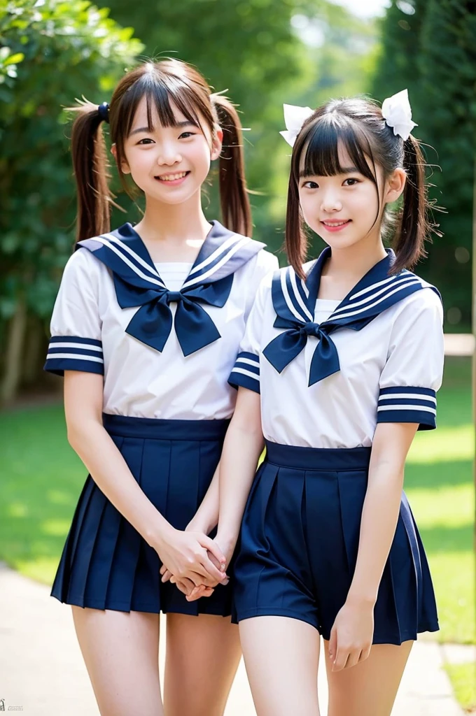 2 girls walking in school yard,short-sleeved white sailor one-piece swimsuit with navy blue speedo briefs,18-year-old,bangs,a little smile,thighs,knees,short hair with low pigtails bunches with red ribbon bow,from beside,front light