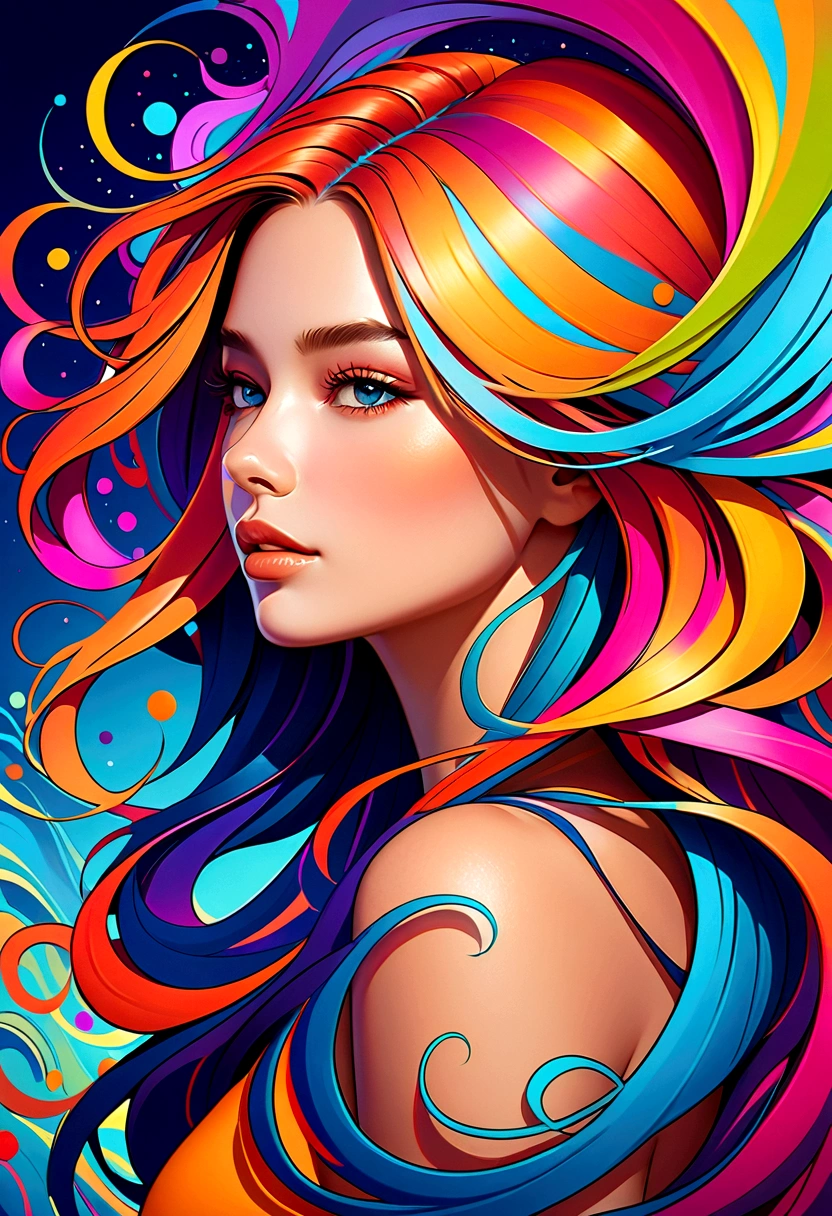 Painting of a woman with long colorful hair, Beautiful digital illustrations, Stunning digital illustrations, Gorgeous digital art, A beautiful artistic illustration, Beautiful digital artwork, Beautiful digital art, Beautiful digital illustrations, Complex digital painting, very Beautiful digital art, Vibrant digital painting, beautiful Gorgeous digital art, Psychedelic flowing hair, Colorful numbers, Inspiring digital art, Stylized digital art
