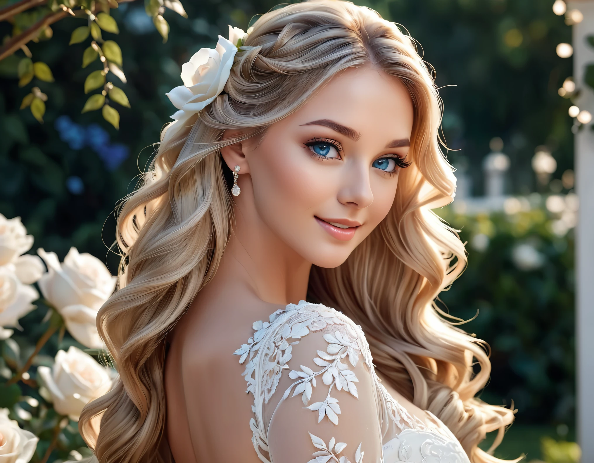 (masterpiece, best quality, beautiful and aesthetic:1.3), side, back, 1 beautiful woman, Happy,  light smile,  (blonde hair), Absurdly long hair, half updo half up half down, wavy end, shiny hair, Flowing hair, (glowing sea blue eyes), Exquisite eyes, Aqua eyes, Super high detail eyes, long upper eyelashes, cosmetic, focus on face, Very rich facial details, Pretty Face, Perfect breasts, Hot body, (The skin texture is delicate:1.2), white Wedding dress, Lace-trimmed dress, transparent, Wedding dress, outdoor, White Rose, garden, morning, Everlasting, Very detailed, detailed background, Octane Render, shallow depth of field