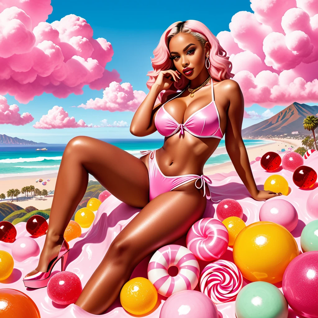 advertising poster, Promotional Photo of the Single Pop Rap CALIFORNIA GIRLS by the artist called Doja Cat, in the pink clouds dressed in bikinis, spread across the image various sweets, candies, lollipops, jellies, hair down to the feet, big ass, perfect body, landscape fantastic,