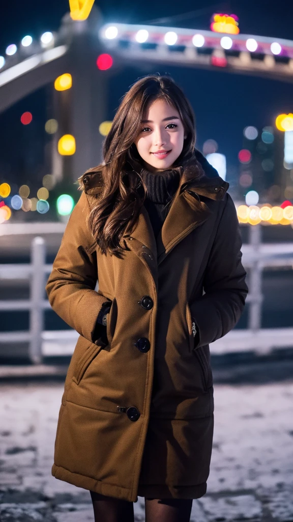 Highest resolution, 4K, Masterpiece, 1girl, fine eyes, Slender figure, Realistic teeth, double eyelids, full body, best quality, detailed, beauty, at the city, night, winter