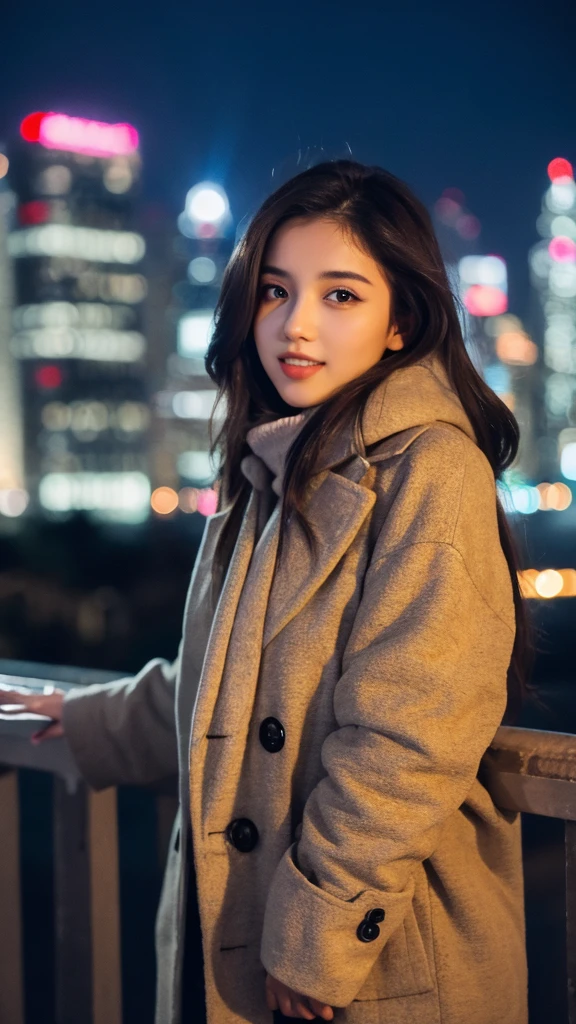 Highest resolution, 4K, Masterpiece, 1girl, fine eyes, Slender figure, Realistic teeth, double eyelids, full body, best quality, detailed, beauty, at the city, night, winter