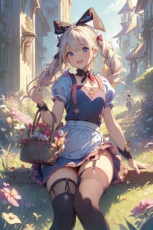 (perky chest:1.2), (pointed chest:1.2),(((Black Tunic:1.3))),(((cakes and bread in the basket),Cute and beautiful girl,Cute round face,Cute smile,with blush cheeks,Red Lip,a girl 17 years old, nsfw:1.2, beautiful body:1.3), shinny skin, BREAK, ((alice in the wonderland:1.3, cute, kawaii, lovely, funny, a girl falling down from sky:1.3, girl flying in sky:1.4, girl floating in air:1.5, rolling upskirt by wind:1.6, (with sparkling eyes and a contagious smile),open mouth, Looking at Viewer, surprised, putting hands on crotch over the skirts:1.6)), BREAK, ((floating things as follows:1.3, PlayingCards, Trump, tea cup, tea pot, tea spoons, pocket watch:1.3, lip sticks, candies:1.2, cookies, jam bottles, classical door_keys)), ((long purply_Blue dress :1.5, wearing long flaired skirt:1.3, the skirt is blowing:1.3, cute pink Apron, black stocking:1.2,garter stocking, cleavage:1.2, midriff, black shorts, black thighhighs, thigh strap, medium long platinum-blonde hair:1.2, twin tail hair:1.6, tied hair with a large ribbon), (Blue eyes, bright pupils with highlights, detailed eyes), (lying down on your back:0.7, spreading legs with rising up straight:0.7), sexy posture, fantastic colorful art, (fantasy art:1.2, wondered images:1.2), ((correct anatomy:1.5, perfect anatomy:1.3, correct hand, small foot:1.2)),
