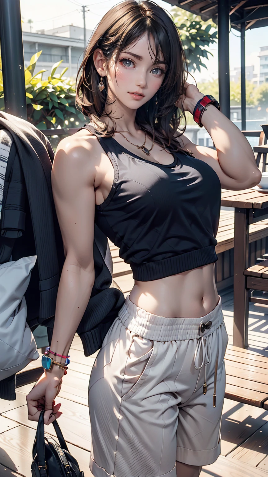 24-year-old female、Sexy proportions、Sexy、Wear a tank top and a cardigan、Wear capri pants、Wear platform sandals、Gives a casual summer look、Wear accessories on your wrist