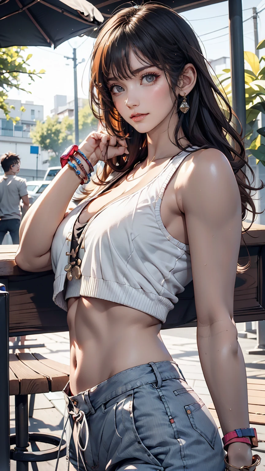 24-year-old female、Sexy proportions、Sexy、Wear a tank top and a cardigan、Wear capri pants、Wear platform sandals、Gives a casual summer look、Wear accessories on your wrist