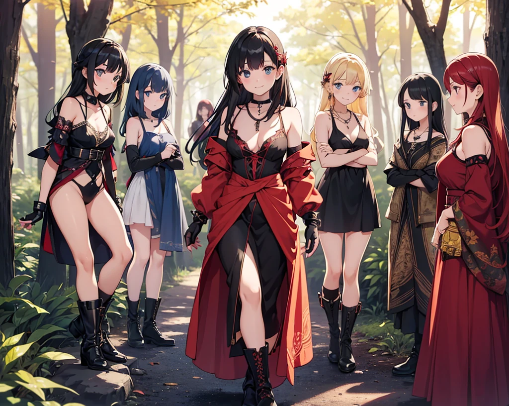 a group of beautiful witch girls in the middle of a forest in the night, tribal tattoo ,multiple girls, five girls, red and black hair , standing girl young girl, gloves, elbow pads, boots, smiles, small breasts, long black dress, necklaces, jewelry decorations , black red hair , red hair , black hair , blonde hair, blue eyes, full body,